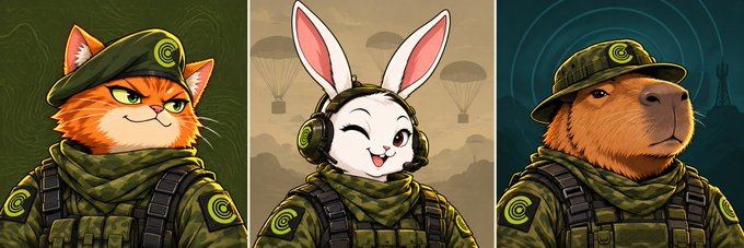 Three illustrated military-style animal characters: an orange cat in a green beret, a white bunny with pink ears wearing headphones, and a brown capybara in a boonie hat, all in tactical gear.