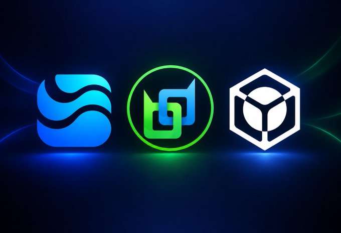 Three illuminated cryptocurrency logos displayed against a dark background with neon lighting effects - a stylized blue 'S' wave logo, a green circular logo, and a white 3D cube/hexagon logo.