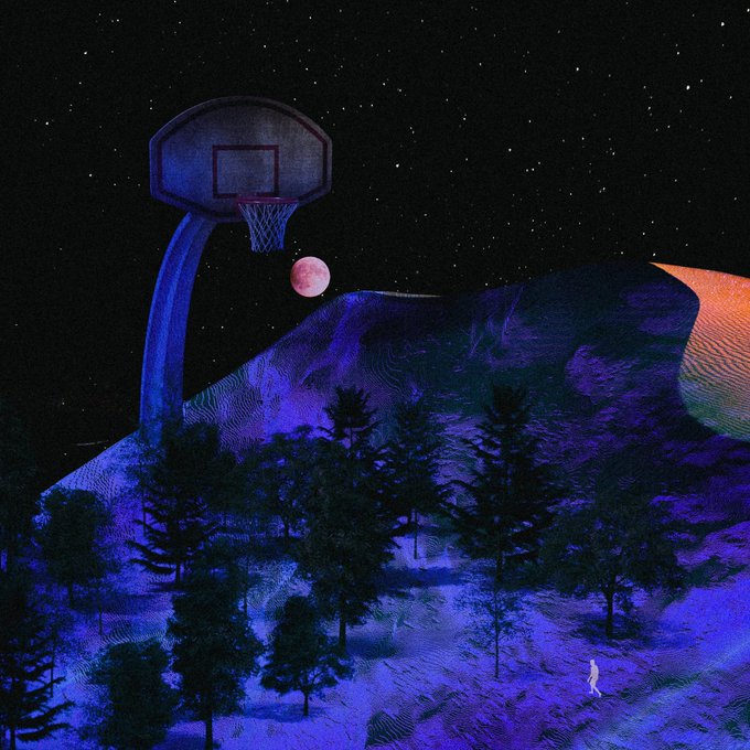 A surreal night scene shows a lone figure walking through a dark forest of pine trees toward a giant basketball hoop under a starry sky with a red moon, with a massive orange planet rising on the right.
