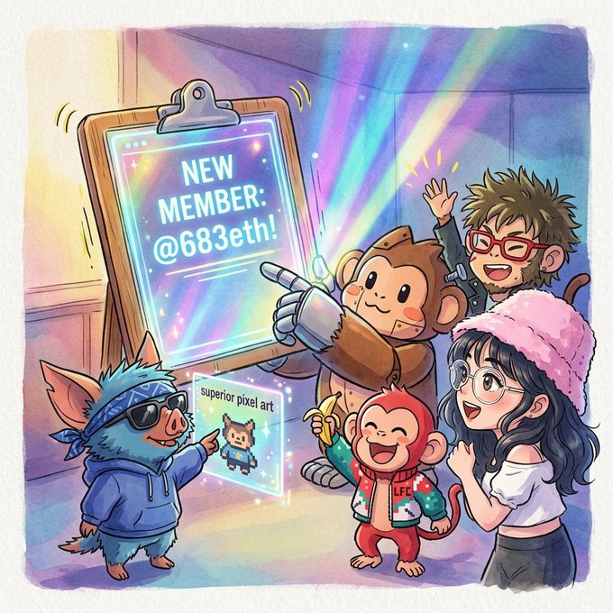 Anime-style digital illustration featuring a monkey character holding a clipboard announcing 'NEW MEMBER: @683eth!' alongside a robot character, a person in red glasses, and a girl with a pink hat admiring 'superior pixel art'.