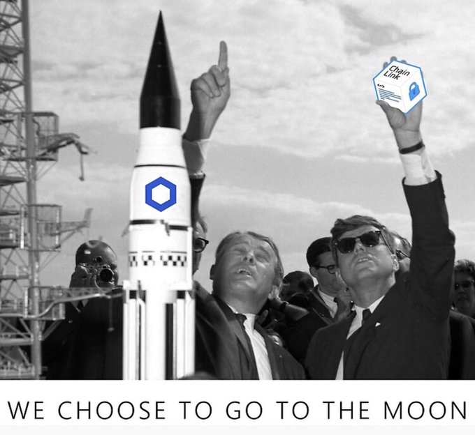 A black and white historical photo of JFK pointing upward at a rocket launch, modified to show someone holding a 'ChainLink' crypto tag and a Chainlink logo on the rocket, with text 'WE CHOOSE TO GO TO THE MOON'.