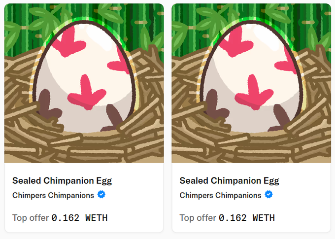 Two side-by-side NFT listings titled “Sealed Chimpan Egg” by “Chimpers Chimpanions,” each showing a top offer of 0.162 WETH.