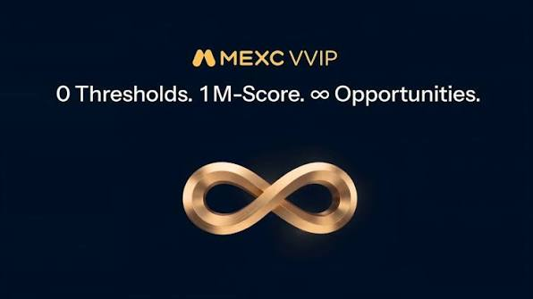 A dark promotional graphic for MEXC VVIP with the text '0 Thresholds. 1M-Score. ∞ Opportunities.' and a gold infinity symbol.