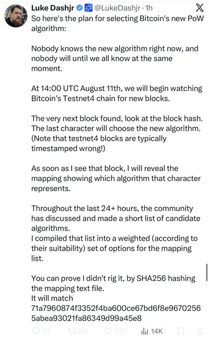 A tweet from Luke Dashjr (@LukeDashjr) detailing a plan for selecting Bitcoin's new PoW algorithm by watching Testnet4 blocks at 14:00 UTC August 11th, with a SHA256 hash for verification: '71a7960874f33524fba600ce67bd6f8e96702565abea93021fa86349d99a45e8'.