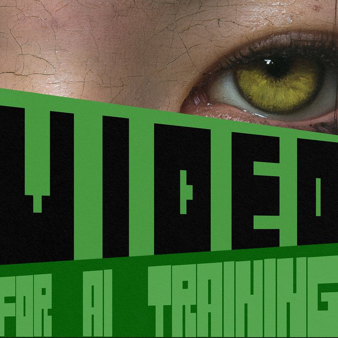 An extreme close-up of an eye with a yellow-green iris partially obscured by a green graphic overlay with black text reading 'VIDEO' and 'FOR AI TRAINING'.