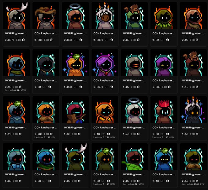 A grid of pixel art character NFTs labeled 'OCH Ringbearer' with various prices listed in ETH ranging from 0.8875 ETH to 2.50 ETH.