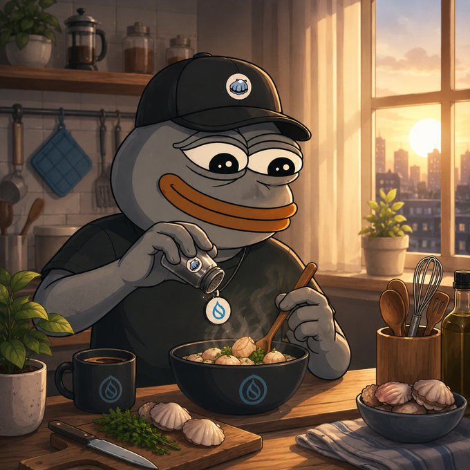 A cartoon duck-like character wearing a black cap, cooking and seasoning a steaming bowl of soup in a kitchen at sunset.