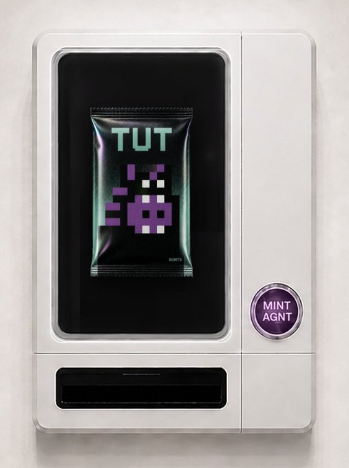 A vending machine labeled 'MINT AGNT' displaying a pixel-art packet marked 'TUT'.