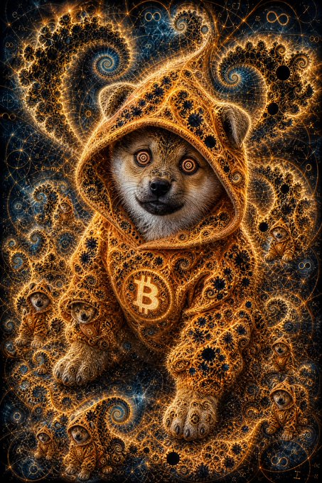 A vibrant, psychedelic AI-generated illustration of a dog wearing a hooded garment adorned with a Bitcoin logo, surrounded by intricate fractal patterns and glowing eyes.