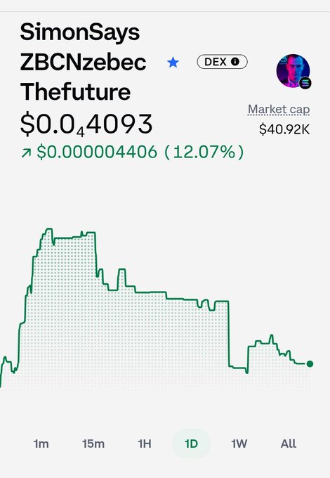 A DexScreener chart shows the token "SimonSays ZBCNzebec Thefuture" (ticker ZBCNS) priced at $0.04093, up 12.07% ($0.000004406) over 24 hours, with a market cap of $40.92K and a 1D line chart displaying volatile price action. The chart visually supports the post's claim of a 12% 24-hour gain, while the low $40.92K market cap illustrates the post's bullish "$130k floor" target.