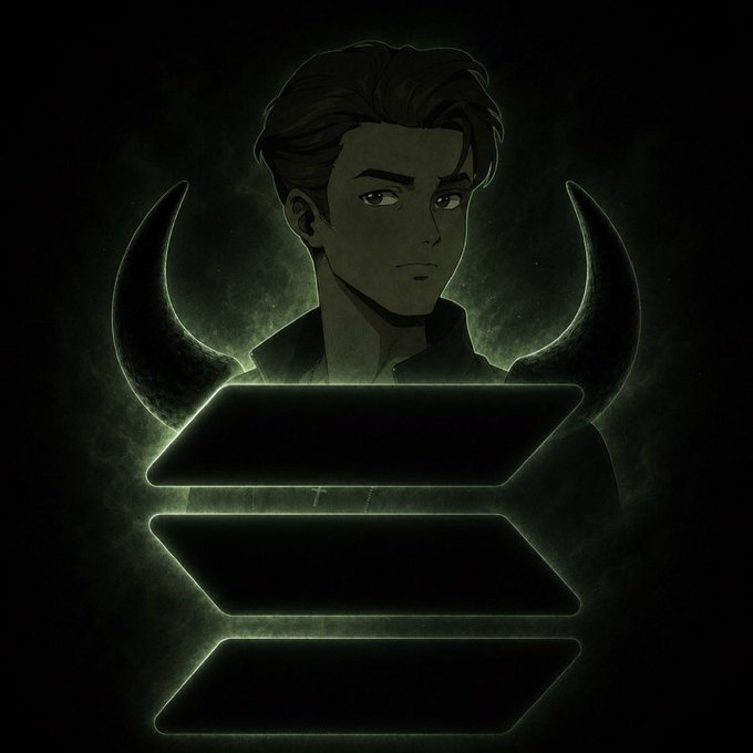 An anime-style avatar of a man with dark hair flanked by glowing green bull horns, positioned above three empty dark banners, visually playing on the "BULLIEVE" wordplay in the post to represent bullish conviction in Solana and the ongoing bull run.