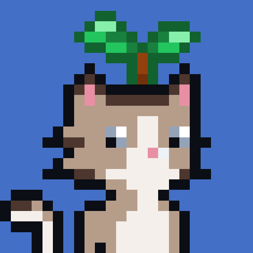 A pixel art cat with a palm tree sprouting from its head on a blue background, whimsically illustrating the whimsical, community-driven spirit of fully on-chain NFTs often shared in crypto promotional posts.