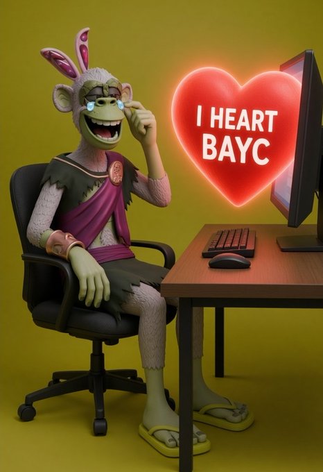 A 3D-rendered crying monkey character wearing bunny ears and a pink sash sits in an office chair next to a desk, with a glowing heart displaying the text 'I HEART BAYC'.