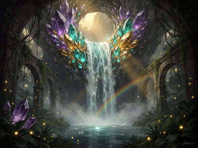 A fantasy digital artwork depicting a glowing crystal waterfall in a lush forest setting with a rainbow and fireflies.