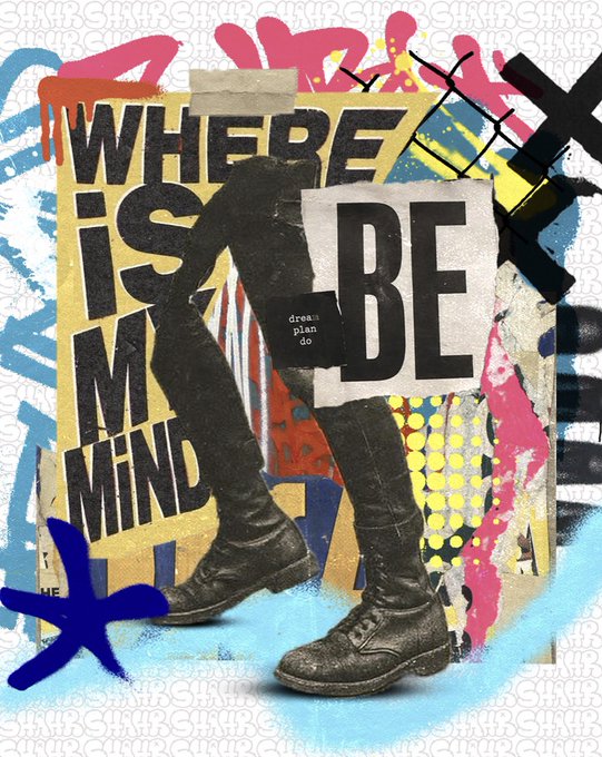 A pair of worn boots is collaged with graffiti splatters and bold typography reading "WHERE IS MY MIND" alongside torn paper text "BE" and "dream plan do," capturing the raw, street-art aesthetic the collector admires about their newly minted Shahr Crew exclusivity NFT.