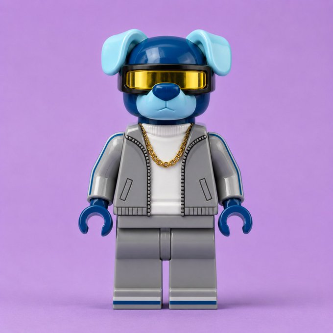 A LEGO minifigure styled as a dog with blue and light blue ears wears gold-rimmed visor goggles, a gold chain necklace, and a gray track jacket with striped sleeves against a purple background.