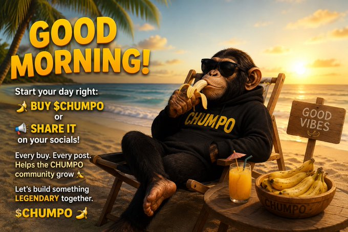 A promotional image featuring a chimpanzee in sunglasses and a 'CHUMPO' hoodie sitting on a beach lounge chair eating a banana, with text reading 'GOOD MORNING! Start your day right: BUY $CHUMPO or SHARE IT on your socials! Every buy. Every post. Helps the CHUMPO community grow. Let's build something LEGENDARY together. $CHUMPO'.