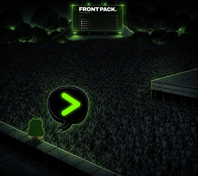 An animated green frog character stands on a stage overlooking a massive crowd, with a speech bubble containing an arrow pointing to a digital billboard reading 'FRONT PACK.'