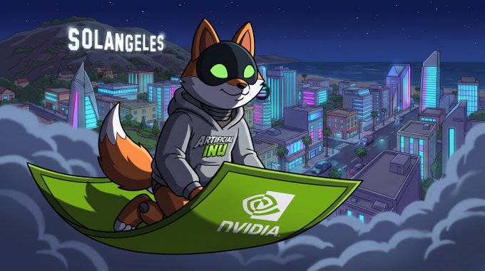 An animated cat character wearing an "Artificial Inu" hoodie and an NVIDIA-branded surfboard soars over a nighttime "Solangeles" cityscape, illustrating the creator's commitment to featuring Artificial Inu in the project following their time at Shiba Inu.
