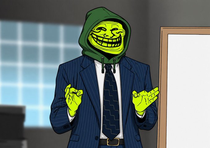 Cartoon illustration of a Trollface mask in a green hoodie wearing a blue pinstripe business suit, gesturing with both hands in what appears to be an office setting.