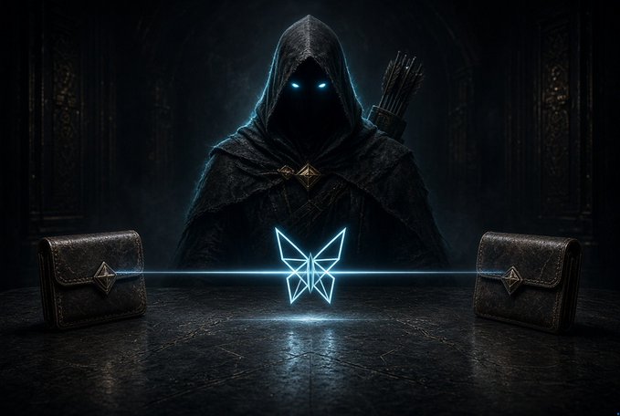 A dark fantasy digital artwork depicting a hooded figure with glowing blue eyes and a quiver of arrows, flanked by leather pouches and centered around a glowing geometric fox/butterfly symbol.