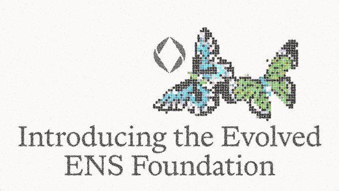 A promotional graphic for 'Introducing the Evolved ENS Foundation' featuring a pixelated fish design and the Ethereum logo.
