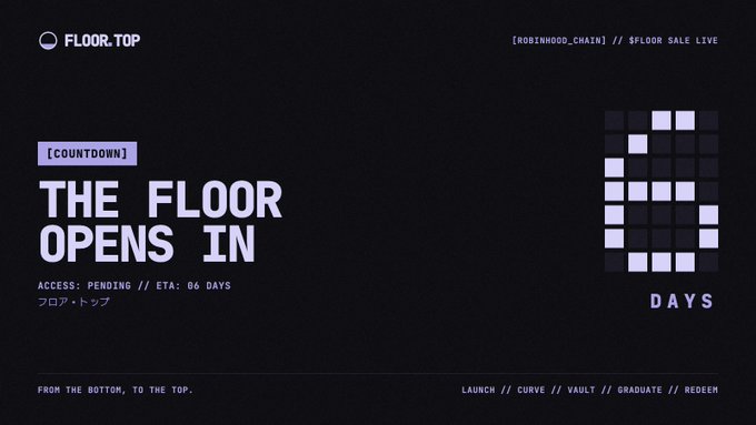 A dark digital countdown page with the text: 'O FLOOR.TOP', '[COUNTDOWN]', 'THE FLOOR OPENS IN', 'ACCESS: PENDING // ETA: 06 DAYS', 'フロア・トップ', and '[ROBINHOOD_CHAIN] // $FLOOR SALE LIVE'. A stylized digital '6' is displayed on the right above the word 'DAYS', with navigation links at the bottom: 'FROM THE BOTTOM. TO THE TOP.' and 'LAUNCH // CURVE // VAULT // GRADUATE // REDEEM'.