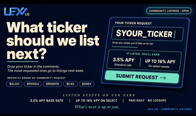 The image shows an advertisement or webpage promoting a ticker list feature for UEX.US users, as well as a submission request that includes information about savings reward programs and other features for listing assets such as $ATOM. The text on the page indicates that users should add their desired ticker to the list next time they list it in order to earn 3.5% APY through Savings Rewards with no lockups, up to 16% APY on selected assets like $ATOM.
