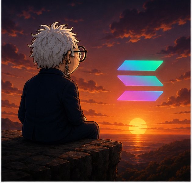 An anime-style illustration of a white-haired character in a dark jacket and glasses sitting on a stone ledge, looking out over the ocean at a sunset, with a glowing multi-colored Solana logo floating in the sky.