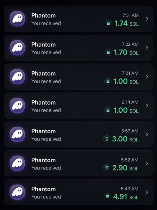 A screenshot of multiple transactions received from a user named Phantom, with amounts ranging from 1.00 to 4.91 SOL at various morning times.