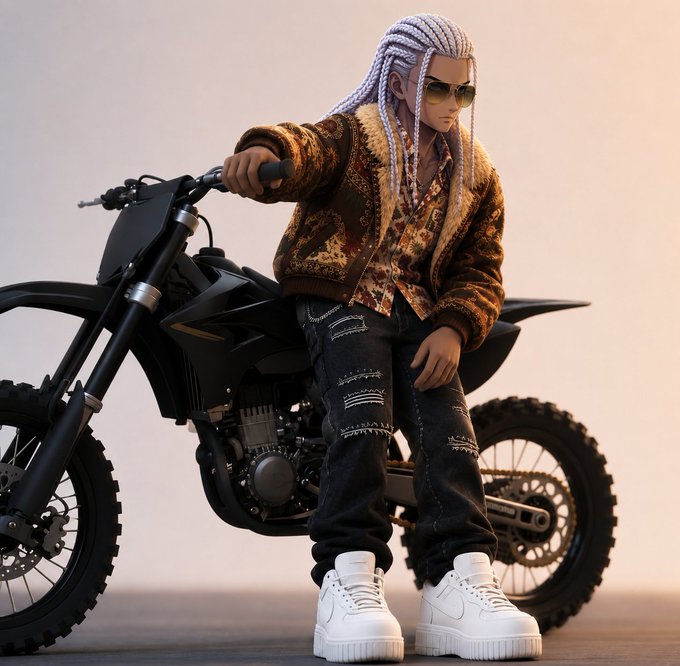 3D rendered character with white braids, sunglasses, and a fur-lined jacket posing next to a black dirt bike motorcycle.