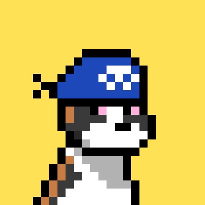 A pixel art illustration of a blue-skinned figure with pink cheeks, black sunglasses, and an orange and white outfit, set against a solid yellow background.