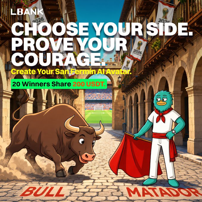A vibrant LBank promotional graphic depicts a San Fermín-themed showdown between a charging "BULL" and a turquoise cartoon avatar "MATADOR" wielding a red cape on a cobblestone street, with text reading "CHOOSE YOUR SIDE. PROVE YOUR COURAGE. Create Your San Fermín AI Avatar" and "20 Winners Share 200 USDT" alongside the LBank logo.

The image directly supports the post by visualizing the "bull vs. matador" choice, reinforcing the "Brave Game" theme tied to the bull-running festival and inviting users to participate in the AI avatar contest for a share of the 200 USDT prize pool.