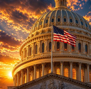 The U.S. Capitol building dome with the American flag flying in front, set against a dramatic orange and cloudy sunset sky.
