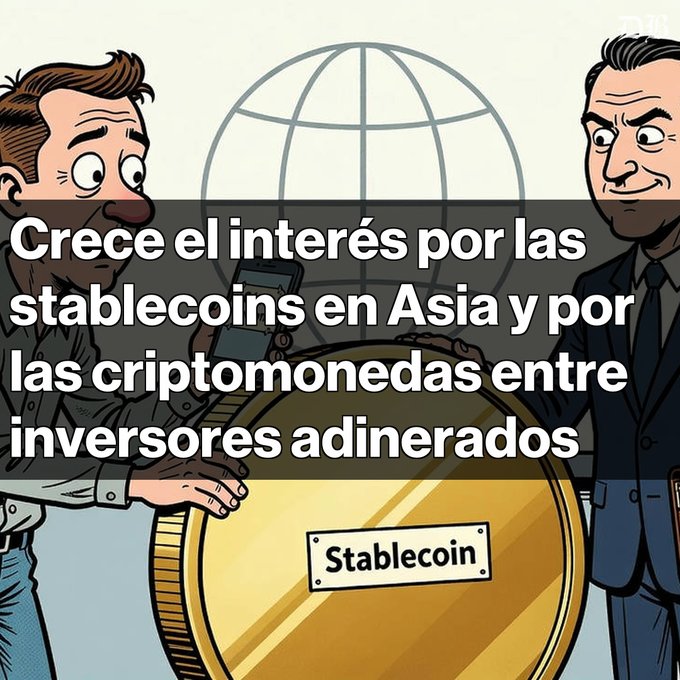 A cartoon illustration of two men examining a giant gold coin labeled 'Stablecoin,' with Spanish text: 'Crece el interés por las stablecoins en Asia y por las criptomonedas entre inversores adinerados.'
