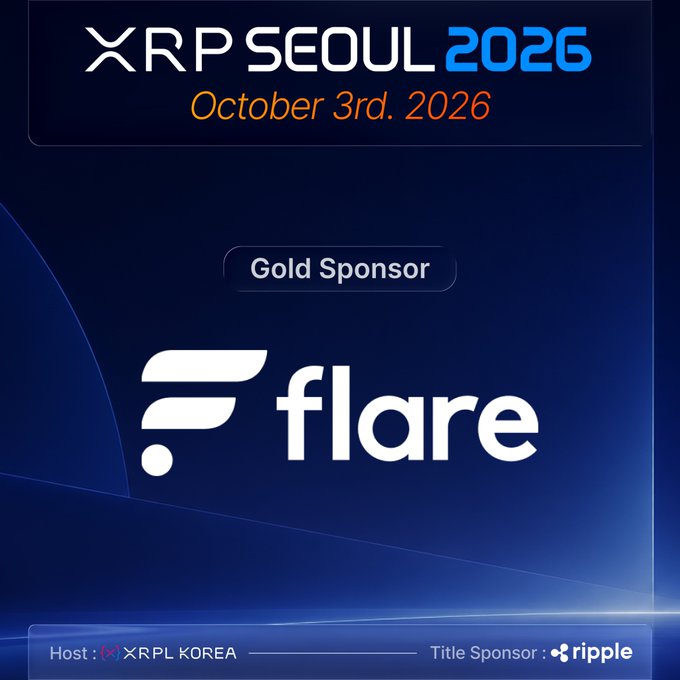 A promotional graphic for XRP SEOUL 2026 (October 3rd, 2026) announcing Flare as a Gold Sponsor, with the event hosted by XRPL Korea and Ripple as Title Sponsor. The image ties to the announcement that Flare's Hugo Philion will speak at the conference about enabling greater XRP capital utility.
