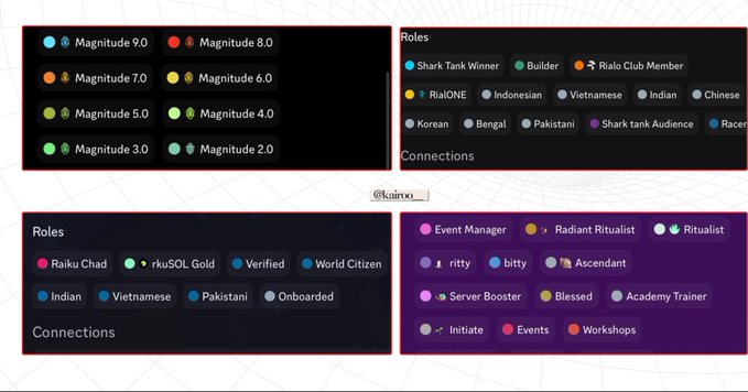 The image shows examples of colorful Discord-style role tags, including Magnitude levels 2.0–9.0, RialoHQ, and roles such as Shark Tank Winner, Builder, and Rialo Club Member. It appears to illustrate the RialoHQ points/community interface and role badges relevant to the post about Rialo’s devnet playground and late-August points launch, rather than a token or mainnet launch.