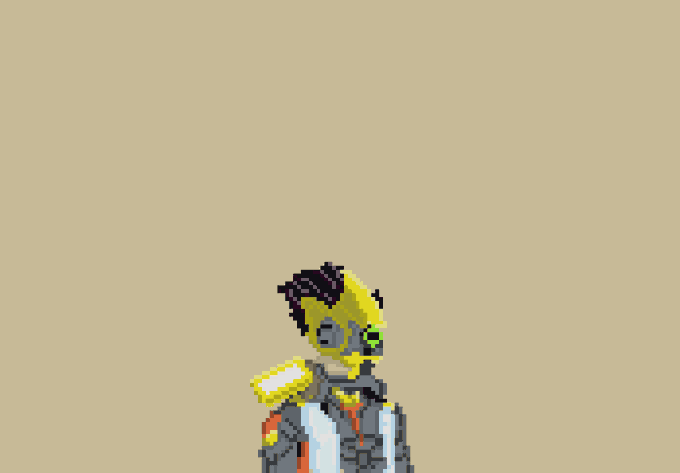 A pixel-art character with yellow and black spiky hair and cybernetic features stands against a pale yellow background, fitting the anime/cyberpunk aesthetic of the NFT project being promoted. The minimalist composition draws focus to the character's futuristic design, complementing the "living world" and lore-driven branding of the collection.