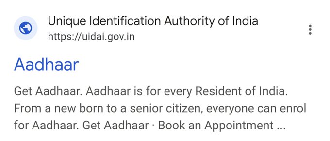 The image shows a search result snippet for "Unique Identification Authority of India" (UIDAI) at uidai.gov.in, promoting Aadhaar enrollment for Indian residents. The connection to the post about "$TIBBIR" appears to be a play on the word "identity," linking India's national biometric ID system (Aadhaar) to the cryptocurrency/token ticker.