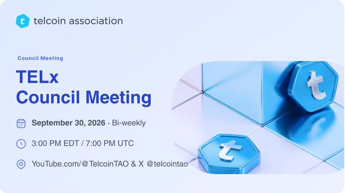 A promotional graphic for the 'telcoin association' TELx Council Meeting, scheduled for September 30, 2026, at 3:00 PM EDT, featuring blue 3D 't' coin tokens.