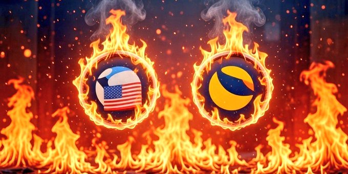 Two spherical orbs—one displaying the American flag and the other featuring a yellow and black logo—are engulfed in vibrant flames against a fiery backdrop. The image relates to the post by symbolizing the ongoing "burning" of LUNC tokens, with the intense flames representing the deflationary burn mechanism reducing the token's supply.