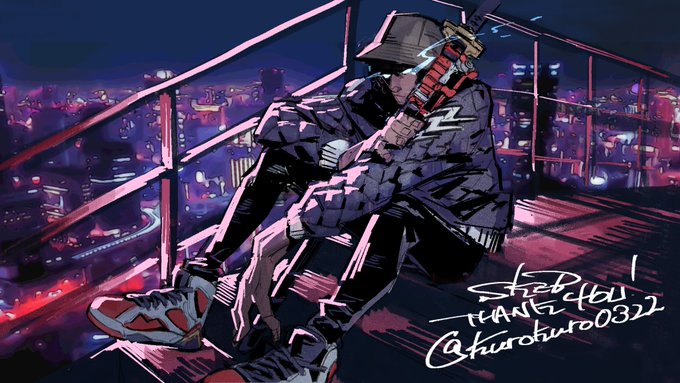 A hooded figure in a patterned coat sits contemplatively on a railing overlooking a neon-lit cityscape, with text reading "Shep! #ANT #trurokuro0322" visible in the corner, evoking the moody, streetwear-inspired aesthetic often featured in Azuki NFT collections.