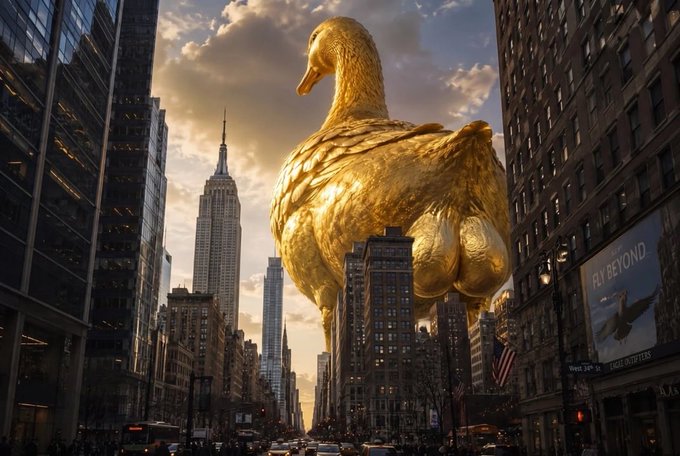 A surreal image of a giant golden duck towering over New York City, with the Empire State Building visible in the background.