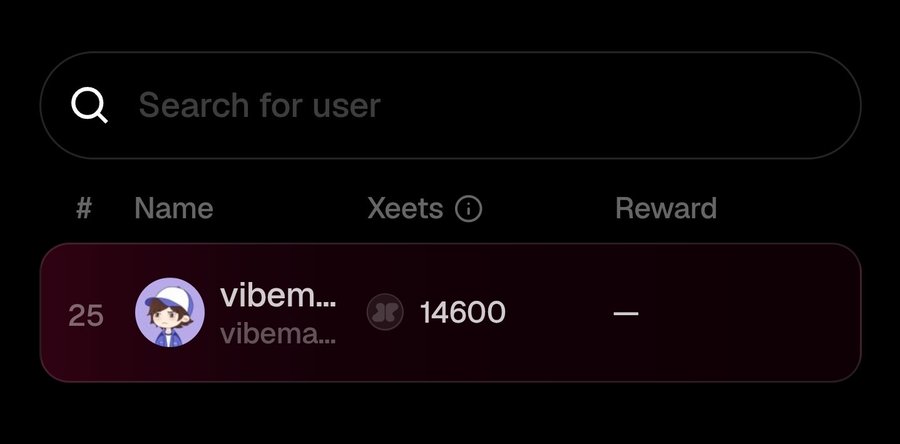 A leaderboard interface shows user "vibema..." ranked #25 with 14,600 xeets but no reward, illustrating the frustration expressed in the post about putting in significant effort (10k USD volume, 15+ referrals, top 25 ranking) only to receive zero vault777 rewards.
