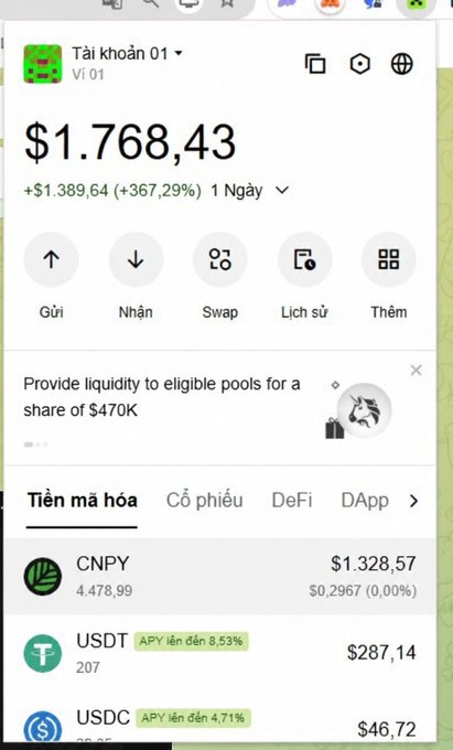 A screenshot of a Vietnamese crypto wallet interface showing a total balance of $1.768,43 with a 367.29% increase, displaying holdings in CNPY, USDT, and USDC.