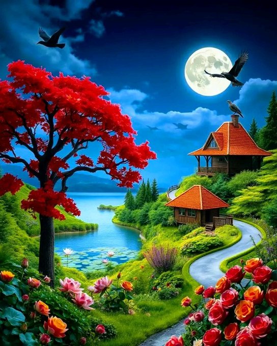 A vibrant digital painting depicts a red tree, a full moon, birds, and cottage houses nestled in a lush landscape with roses and a winding path.