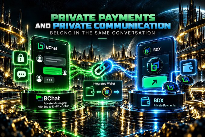A promotional graphic reads 'PRIVATE PAYMENTS AND PRIVATE COMMUNICATION BELONG IN THE SAME CONVERSATION,' featuring BChat and BDX apps with an Integrated Wallet connecting them.