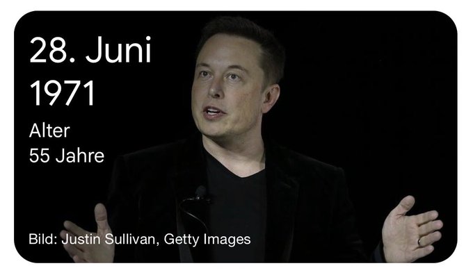 The image shows Elon Musk gesturing while speaking, with text reading "28. Juni 1971, Alter 55 Jahre" and photo credit "Bild: Justin Sullivan, Getty Images" — providing his birth date and age to celebrate his 55th birthday.