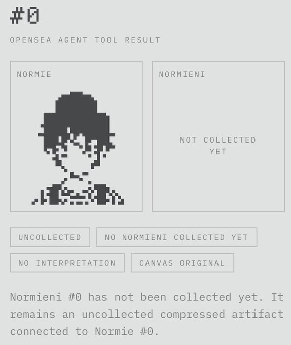 A digital interface showing 'NORMIE' pixel art labeled '#0' with the text 'Normieni #0 has not been collected yet. It remains an uncollected compressed artifact connected to Normie #0.'