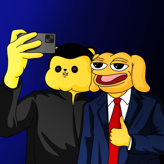 A digital illustration in meme style featuring a yellow bear and yellow dog figure, with the bear holding a phone to take a selfie and the dog in a suit giving a thumbs up.